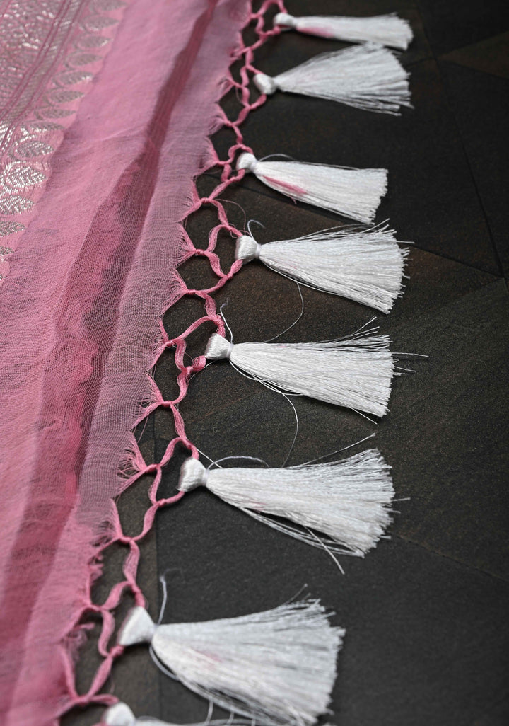 Dark Rose Pure Chiffon Silk Saree with Silver tone Zari Buttas and Border | SILK MARK CERTIFIED