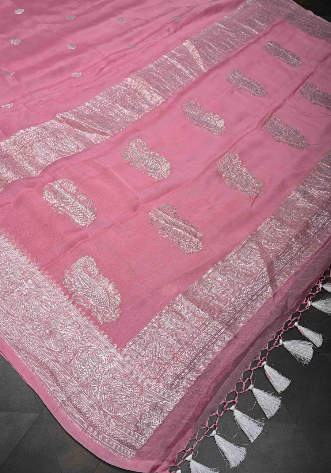Dark Rose Pure Chiffon Silk Saree with Silver tone Zari Buttas and Border | SILK MARK CERTIFIED