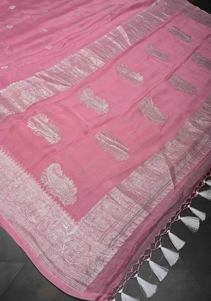 Dark Rose Pure Chiffon Silk Saree with Silver tone Zari Buttas and Border | SILK MARK CERTIFIED