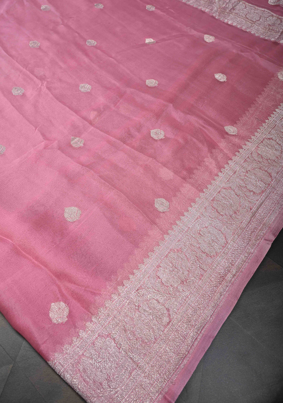 Dark Rose Pure Chiffon Silk Saree with Silver tone Zari Buttas and Border | SILK MARK CERTIFIED