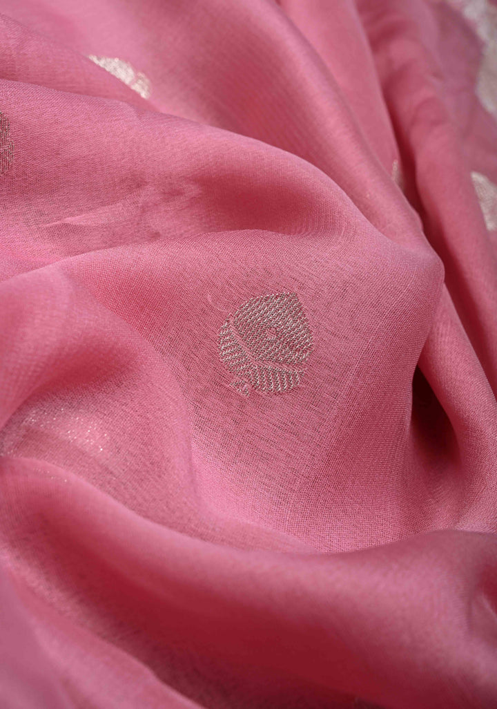 Dark Rose Pure Chiffon Silk Saree with Silver tone Zari Buttas and Border | SILK MARK CERTIFIED