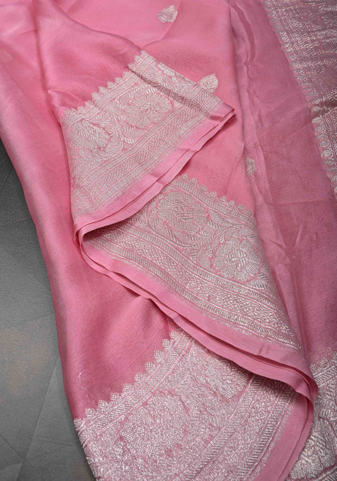 Dark Rose Pure Chiffon Silk Saree with Silver tone Zari Buttas and Border | SILK MARK CERTIFIED