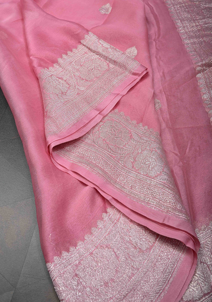 Dark Rose Pure Chiffon Silk Saree with Silver tone Zari Buttas and Border | SILK MARK CERTIFIED