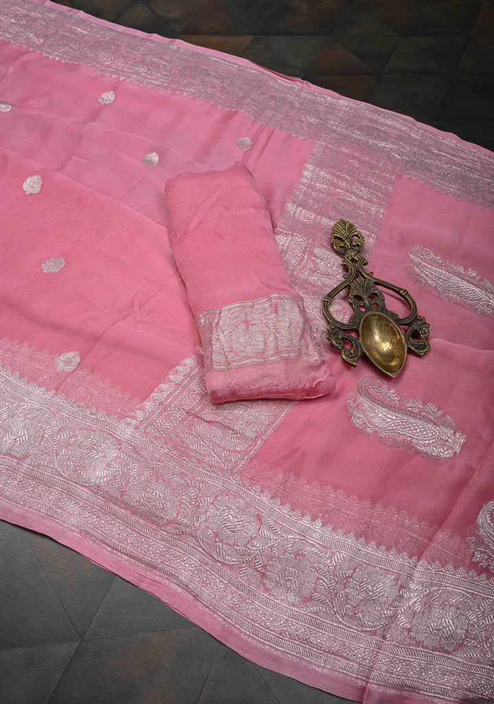 Dark Rose Pure Chiffon Silk Saree with Silver tone Zari Buttas and Border | SILK MARK CERTIFIED