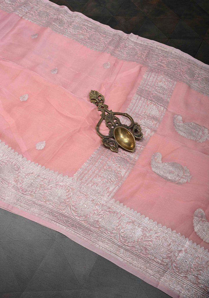 Dusty Rose Pure Chiffon Silk Saree with Silver Zari Buttas and Border | SILK MARK CERTIFIED