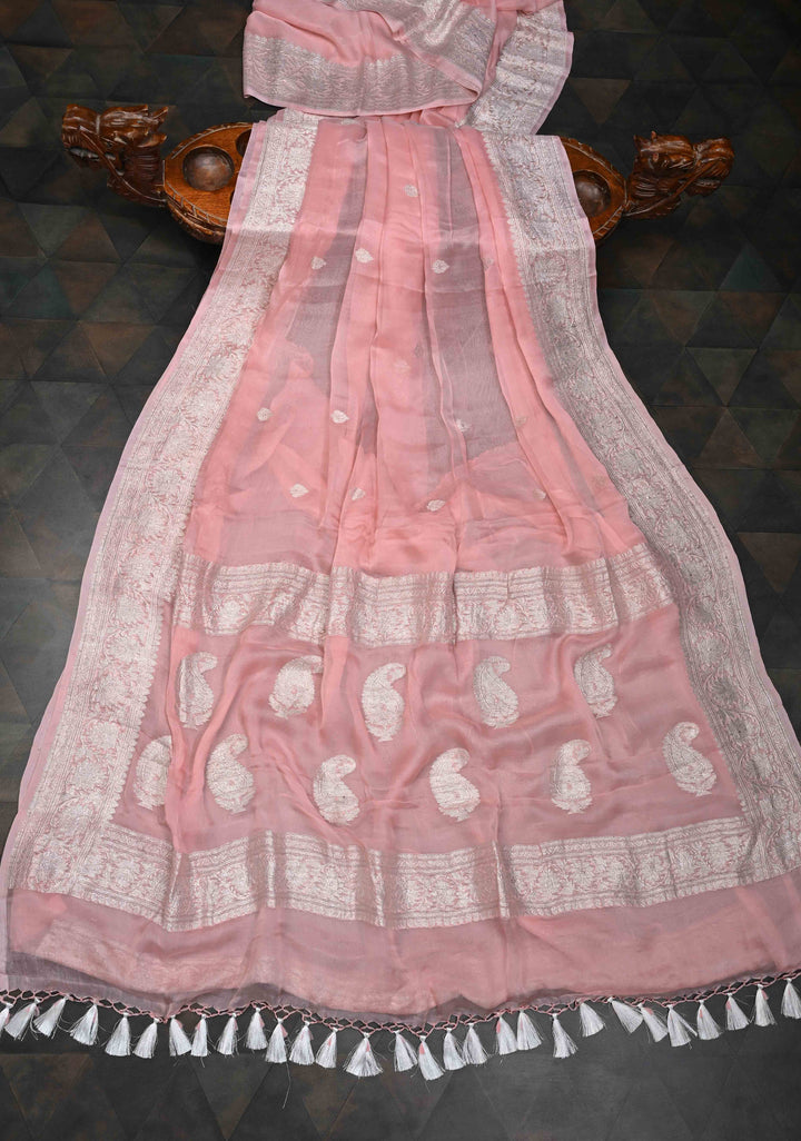 Dusty Rose Pure Chiffon Silk Saree with Silver Zari Buttas and Border | SILK MARK CERTIFIED