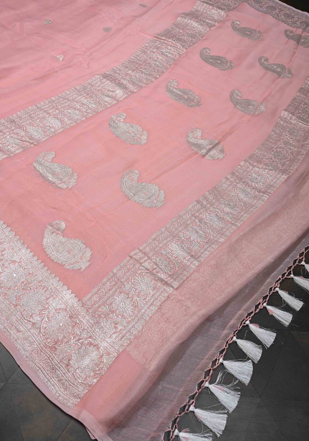 Dusty Rose Pure Chiffon Silk Saree with Silver Zari Buttas and Border | SILK MARK CERTIFIED