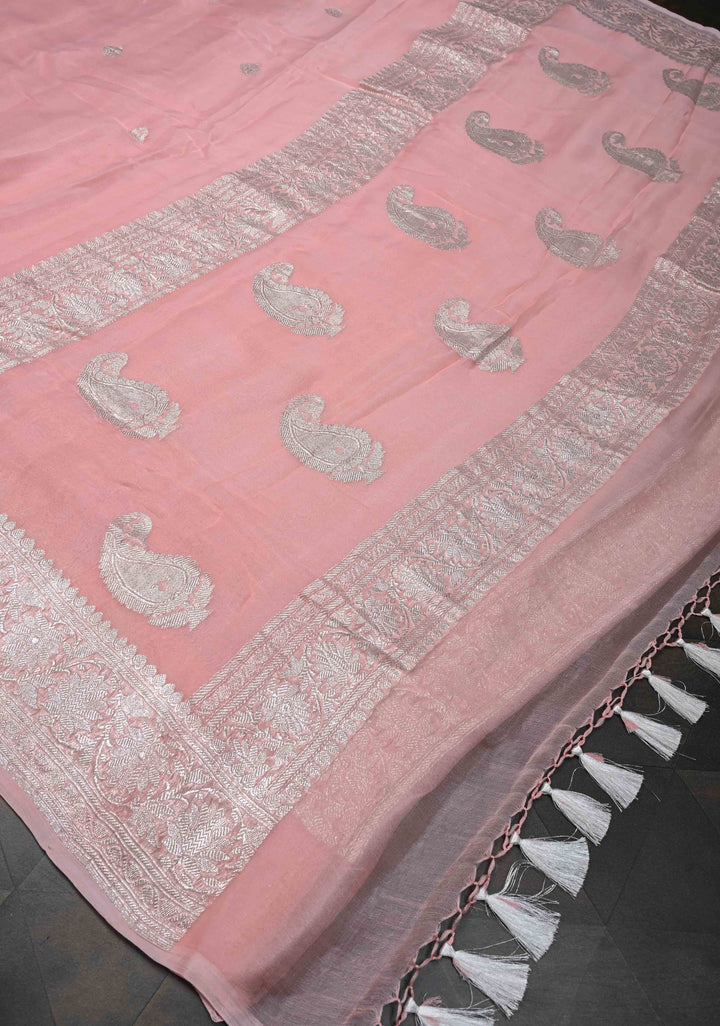 Dusty Rose Pure Chiffon Silk Saree with Silver Zari Buttas and Border | SILK MARK CERTIFIED