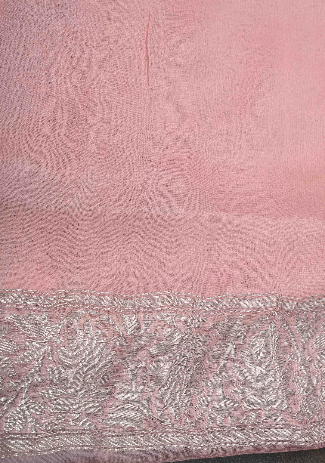 Dusty Rose Pure Chiffon Silk Saree with Silver Zari Buttas and Border | SILK MARK CERTIFIED