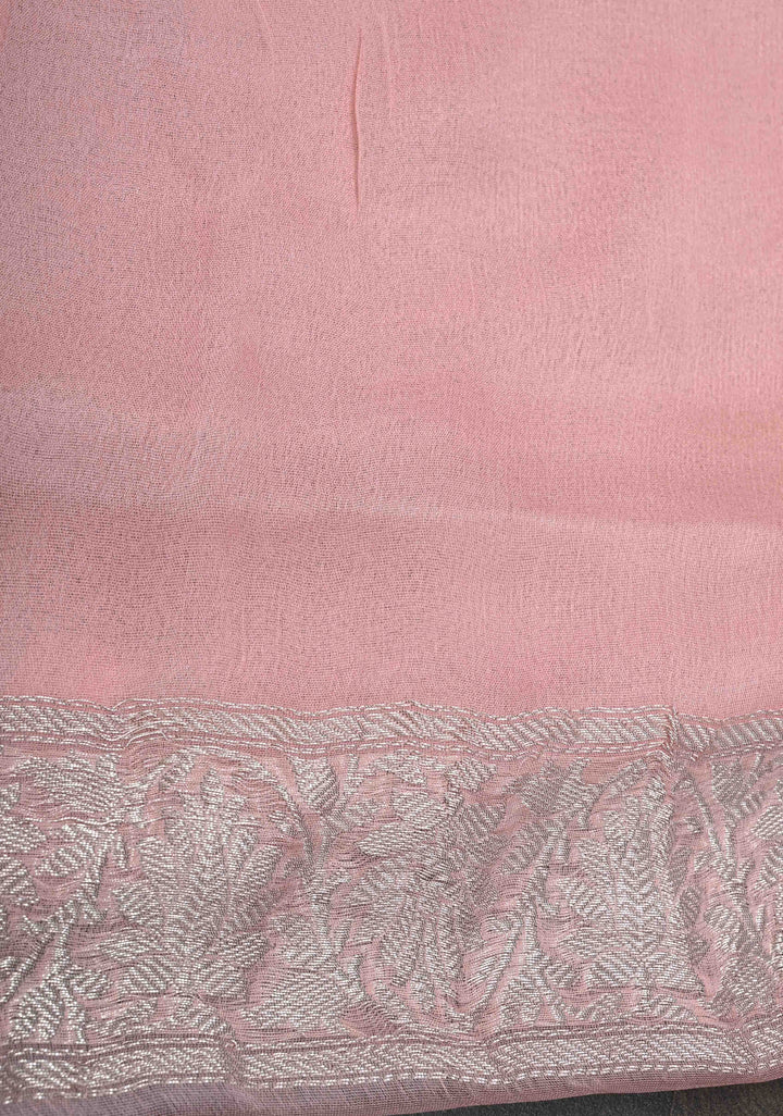 Dusty Rose Pure Chiffon Silk Saree with Silver Zari Buttas and Border | SILK MARK CERTIFIED