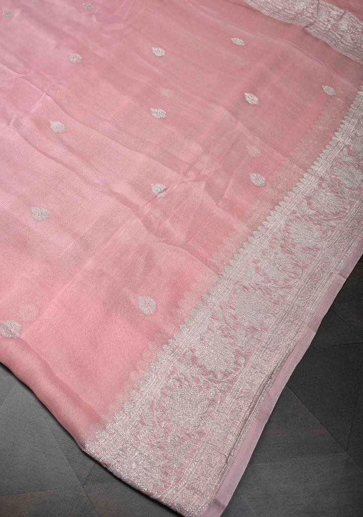 Dusty Rose Pure Chiffon Silk Saree with Silver Zari Buttas and Border | SILK MARK CERTIFIED