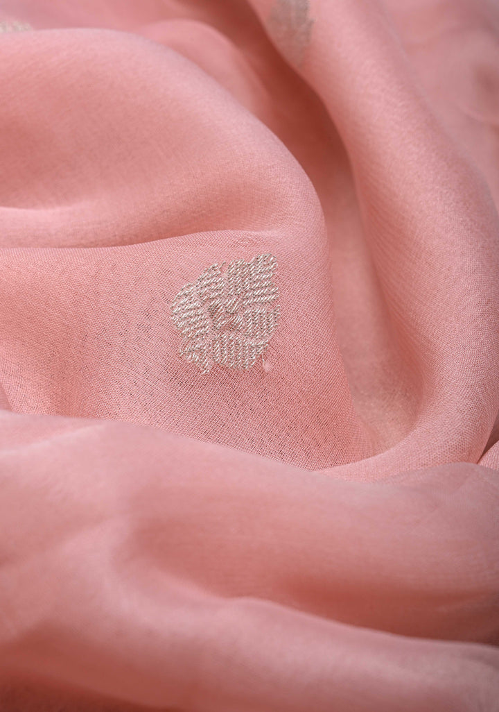 Dusty Rose Pure Chiffon Silk Saree with Silver Zari Buttas and Border | SILK MARK CERTIFIED