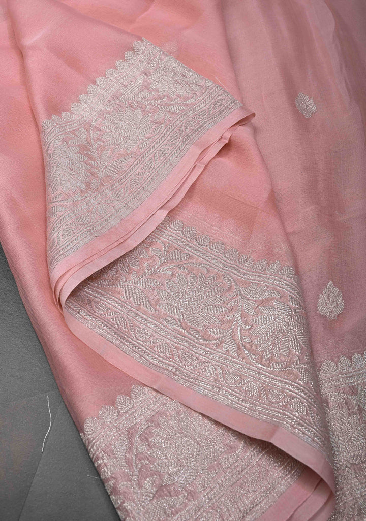 Dusty Rose Pure Chiffon Silk Saree with Silver Zari Buttas and Border | SILK MARK CERTIFIED
