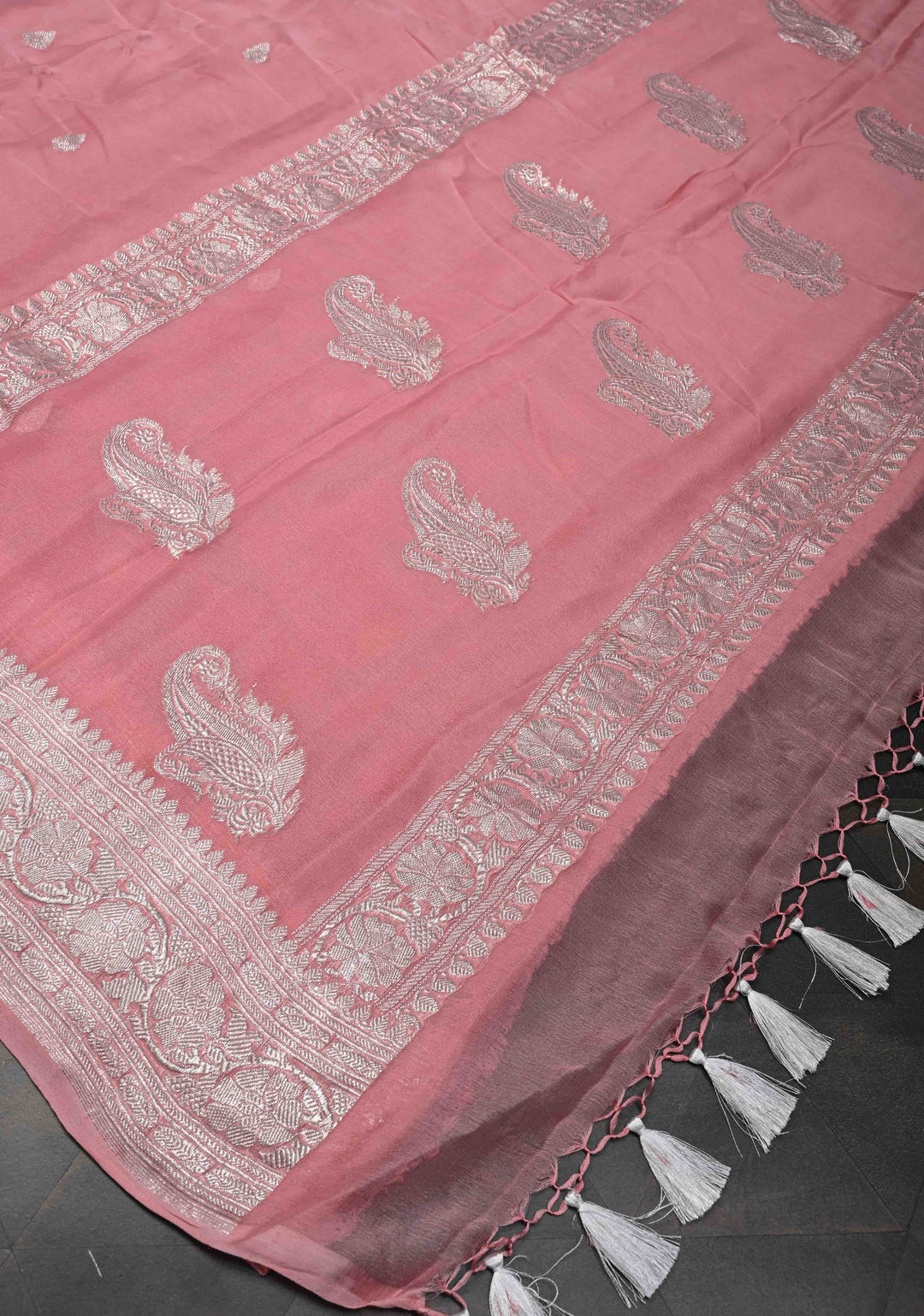 Dusty Rose Pure Chiffon Silk Saree with Silver tone Zari Buttas and Border | SILK MARK CERTIFIED