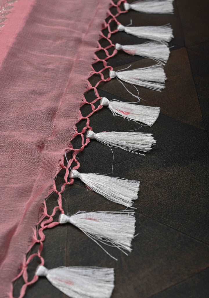 Dusty Rose Pure Chiffon Silk Saree with Silver tone Zari Buttas and Border | SILK MARK CERTIFIED