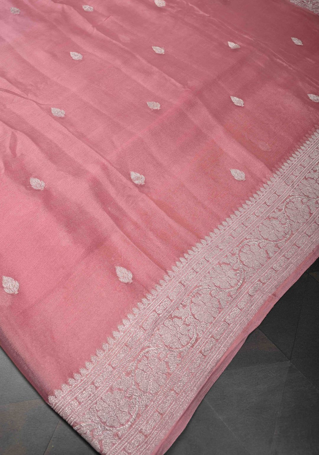Dusty Rose Pure Chiffon Silk Saree with Silver tone Zari Buttas and Border | SILK MARK CERTIFIED