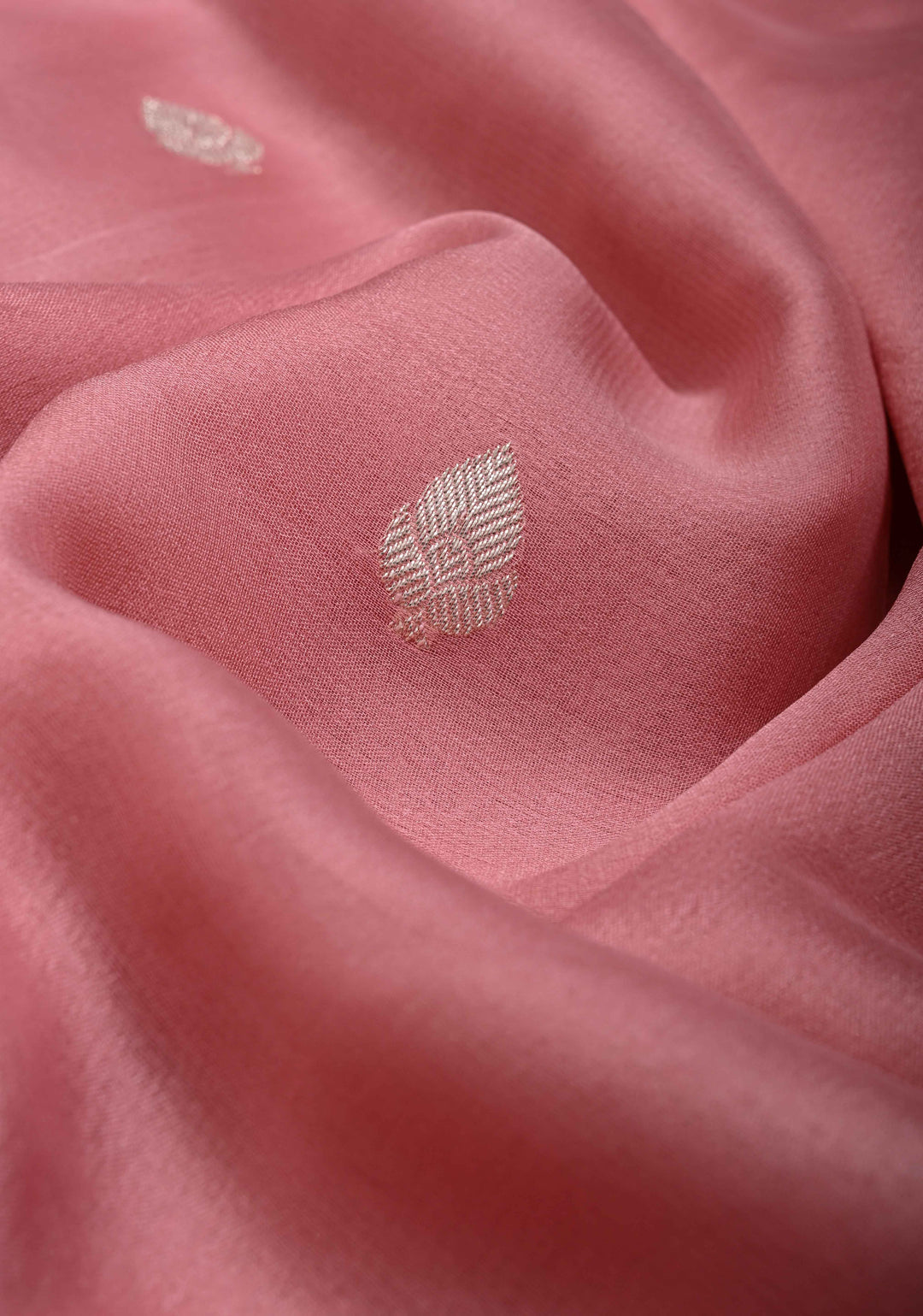 Dusty Rose Pure Chiffon Silk Saree with Silver tone Zari Buttas and Border | SILK MARK CERTIFIED