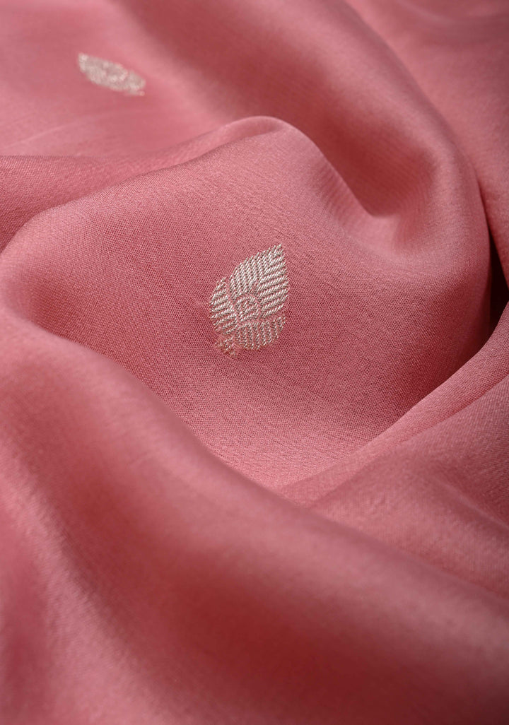Dusty Rose Pure Chiffon Silk Saree with Silver tone Zari Buttas and Border | SILK MARK CERTIFIED