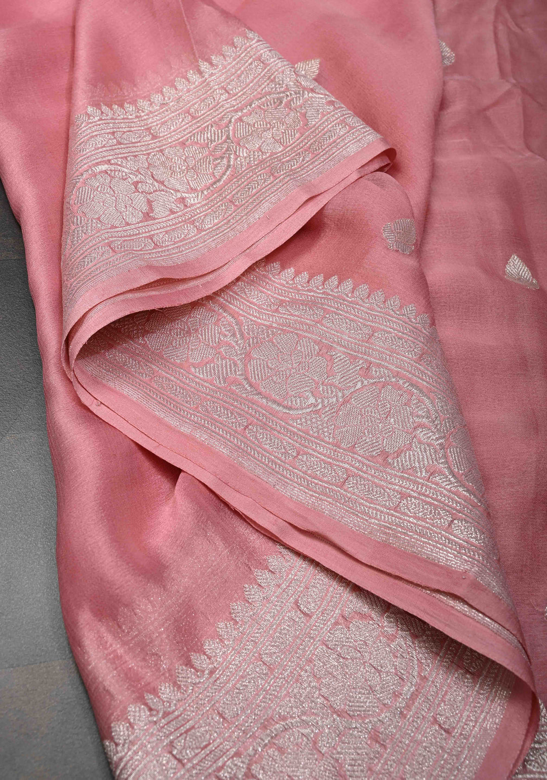 Dusty Rose Pure Chiffon Silk Saree with Silver tone Zari Buttas and Border | SILK MARK CERTIFIED