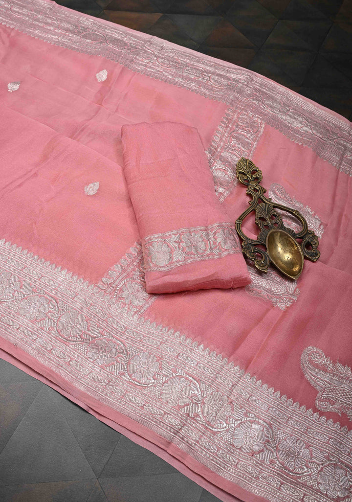 Dusty Rose Pure Chiffon Silk Saree with Silver tone Zari Buttas and Border | SILK MARK CERTIFIED