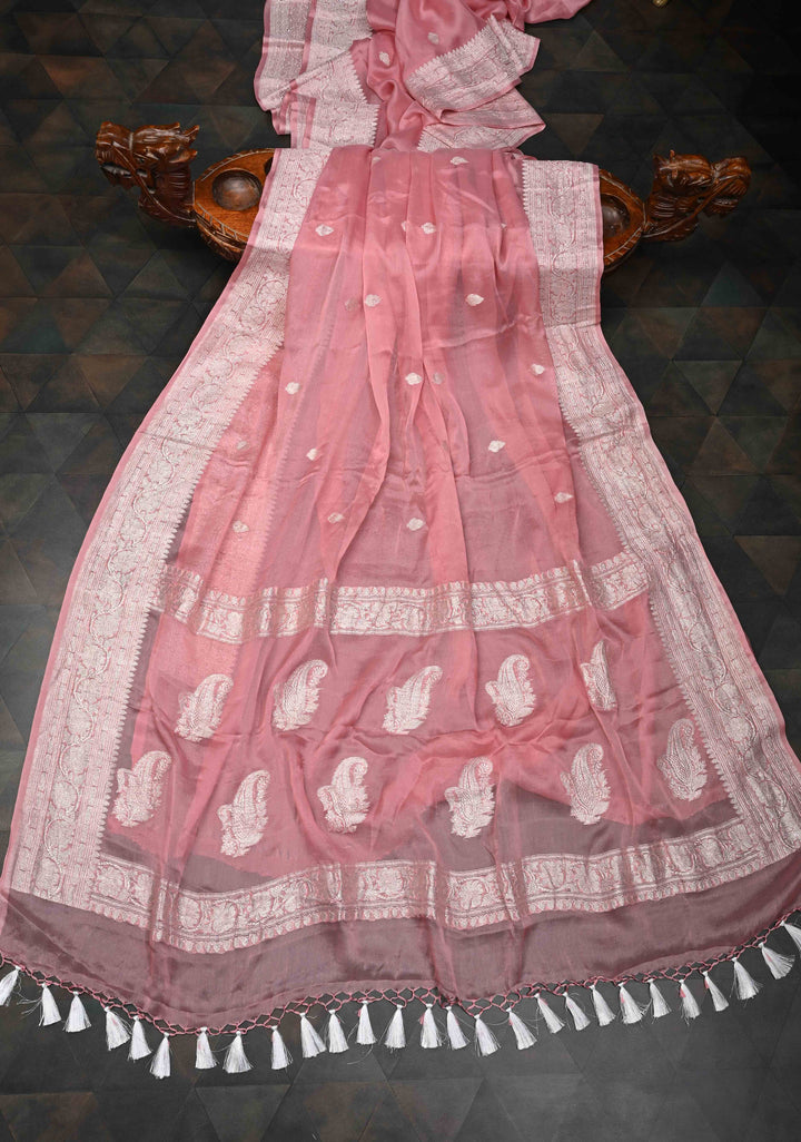 Dusty Rose Pure Chiffon Silk Saree with Silver tone Zari Buttas and Border | SILK MARK CERTIFIED