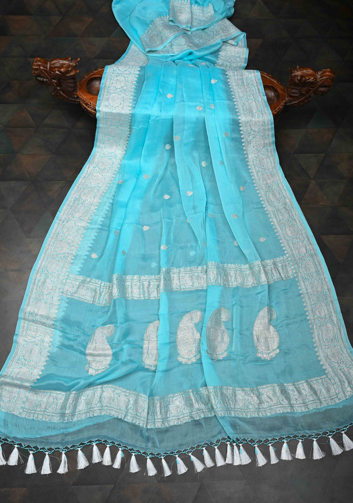 Sky Blue Pure Chiffon Silk Saree with Silver tone Zari Buttas and Border | SILK MARK CERTIFIED