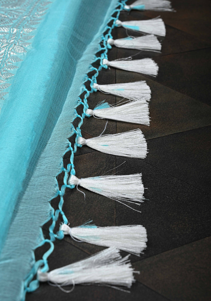 Sky Blue Pure Chiffon Silk Saree with Silver tone Zari Buttas and Border | SILK MARK CERTIFIED