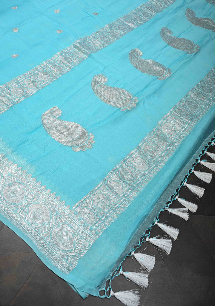 Sky Blue Pure Chiffon Silk Saree with Silver tone Zari Buttas and Border | SILK MARK CERTIFIED