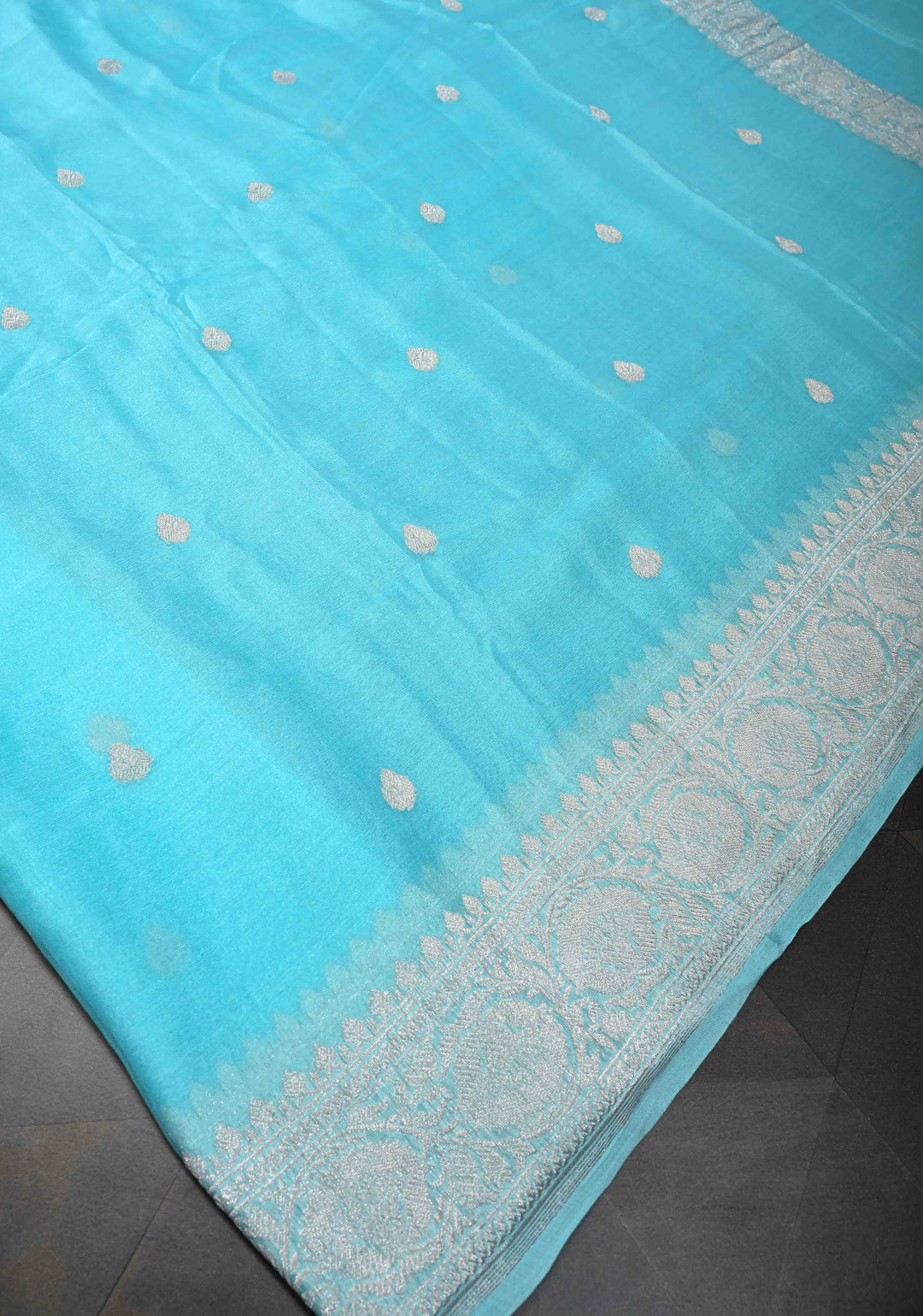 Sky Blue Pure Chiffon Silk Saree with Silver tone Zari Buttas and Border | SILK MARK CERTIFIED