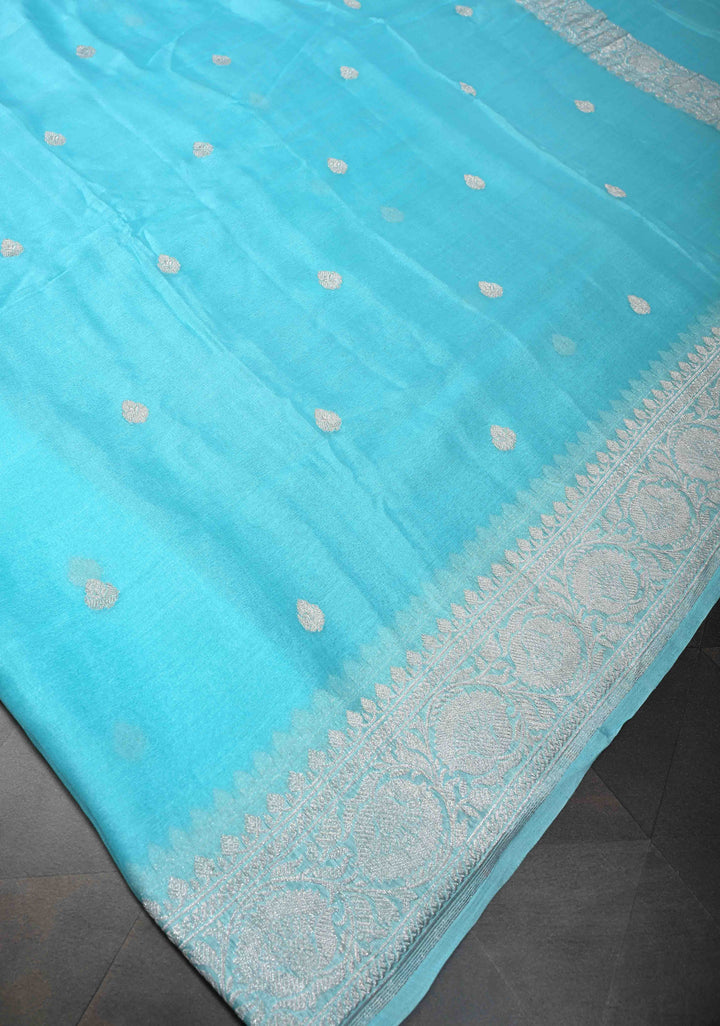 Sky Blue Pure Chiffon Silk Saree with Silver tone Zari Buttas and Border | SILK MARK CERTIFIED