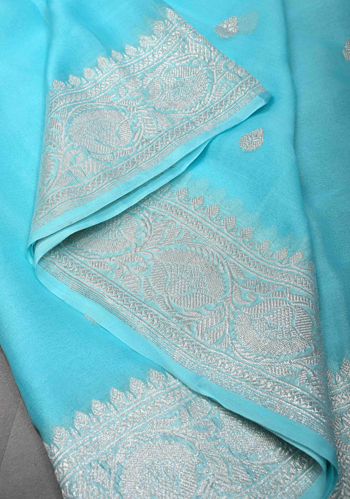 Sky Blue Pure Chiffon Silk Saree with Silver tone Zari Buttas and Border | SILK MARK CERTIFIED