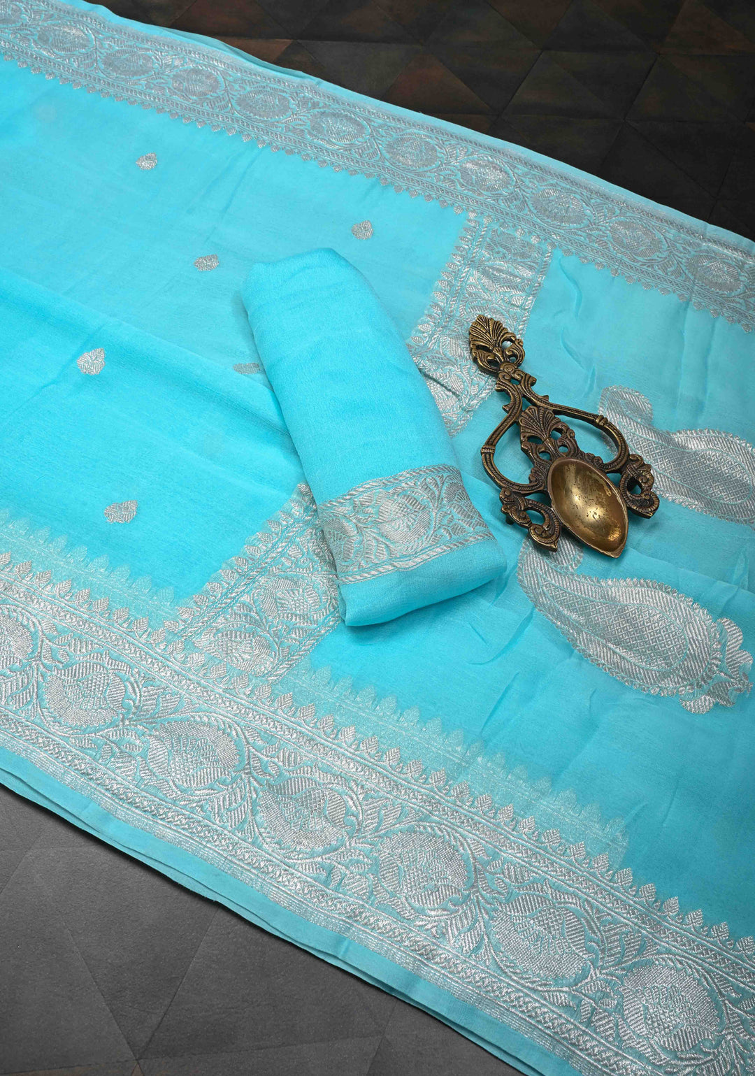 Sky Blue Pure Chiffon Silk Saree with Silver tone Zari Buttas and Border | SILK MARK CERTIFIED