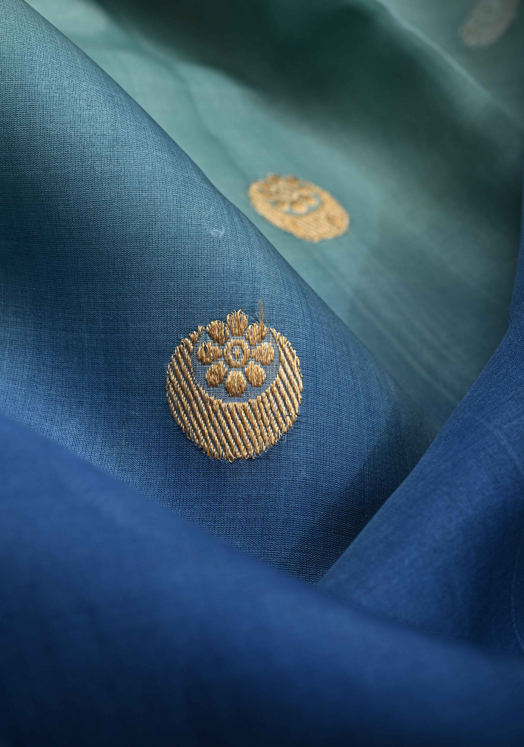 Powder Blue and Peacock Blue Ombre Banarasi Pure Organza Silk Saree with Sona Rupa Chand Tara Buttas and Zari Border| SILK MARK CERTIFIED