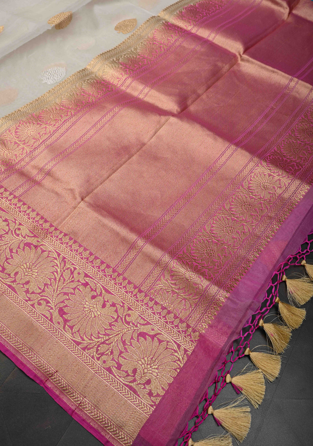 Ivory Pure Organza Banarasi Silk Saree with Sona Rupa Zari Buttas and Ganga Jamuna Borders  | SILK MARK CERTIFIED