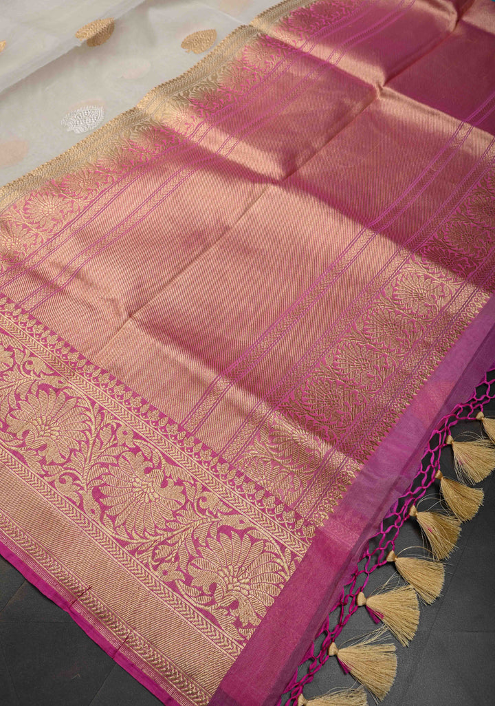 Ivory Pure Organza Banarasi Silk Saree with Sona Rupa Zari Buttas and Ganga Jamuna Borders  | SILK MARK CERTIFIED