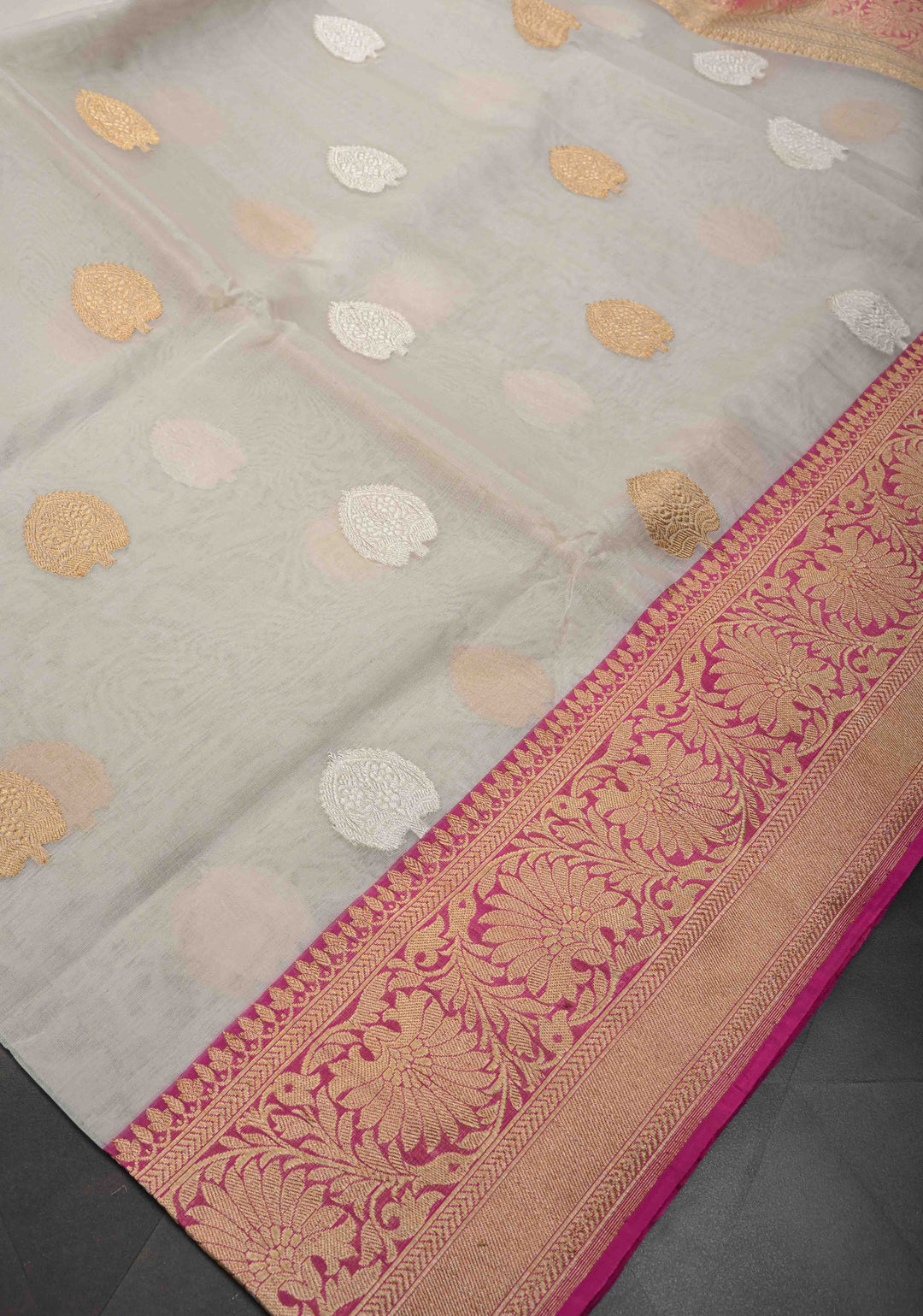 Ivory Pure Organza Banarasi Silk Saree with Sona Rupa Zari Buttas and Ganga Jamuna Borders  | SILK MARK CERTIFIED