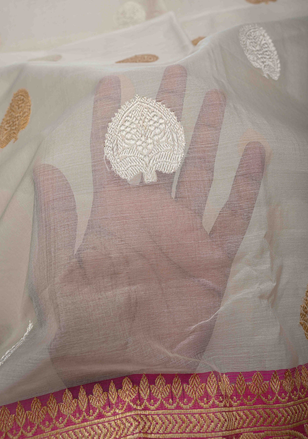 Ivory Pure Organza Banarasi Silk Saree with Sona Rupa Zari Buttas and Ganga Jamuna Borders  | SILK MARK CERTIFIED