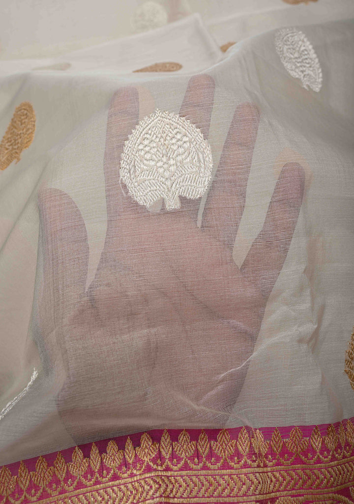 Ivory Pure Organza Banarasi Silk Saree with Sona Rupa Zari Buttas and Ganga Jamuna Borders  | SILK MARK CERTIFIED