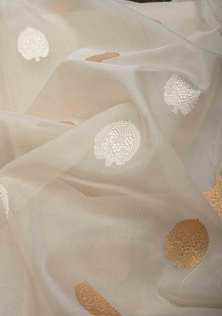 Ivory Pure Organza Banarasi Silk Saree with Sona Rupa Zari Buttas and Ganga Jamuna Borders  | SILK MARK CERTIFIED