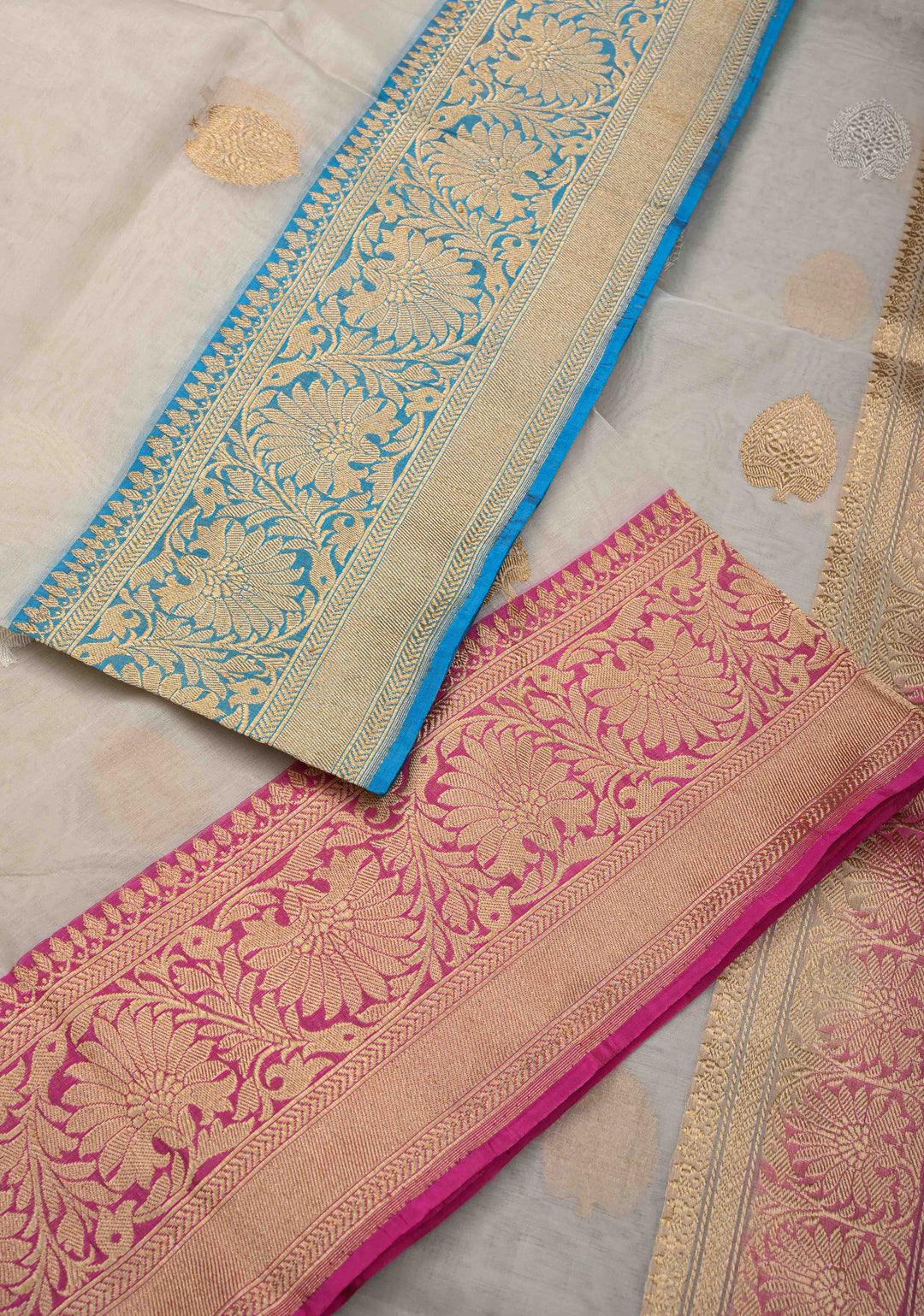 Ivory Pure Organza Banarasi Silk Saree with Sona Rupa Zari Buttas and Ganga Jamuna Borders  | SILK MARK CERTIFIED