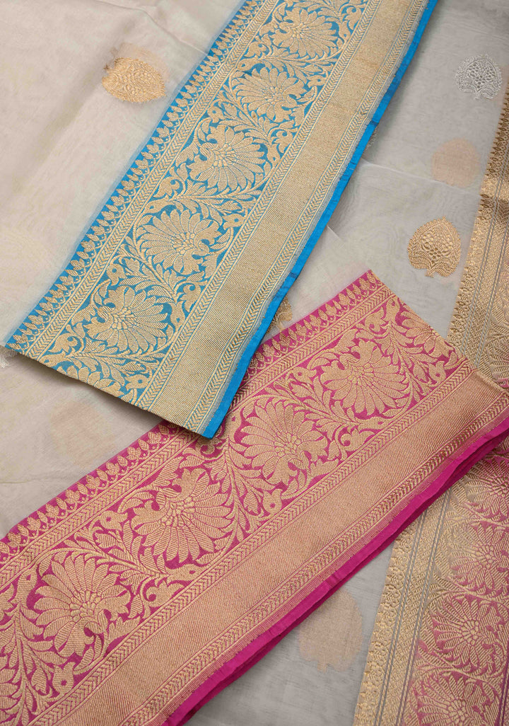 Ivory Pure Organza Banarasi Silk Saree with Sona Rupa Zari Buttas and Ganga Jamuna Borders  | SILK MARK CERTIFIED