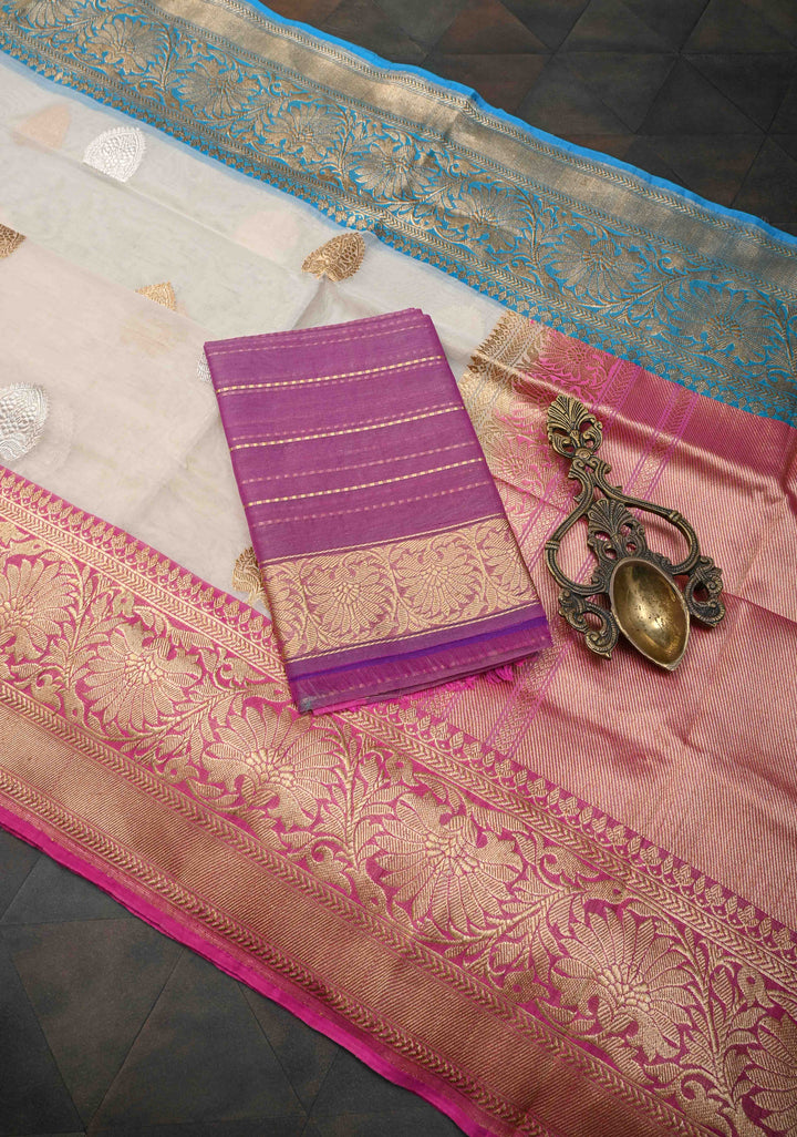 Ivory Pure Organza Banarasi Silk Saree with Sona Rupa Zari Buttas and Ganga Jamuna Borders  | SILK MARK CERTIFIED