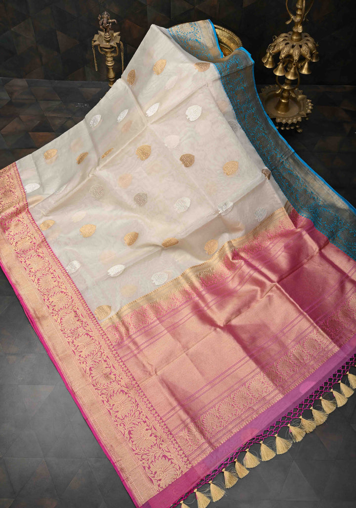 Ivory Pure Organza Banarasi Silk Saree with Sona Rupa Zari Buttas and Ganga Jamuna Borders  | SILK MARK CERTIFIED