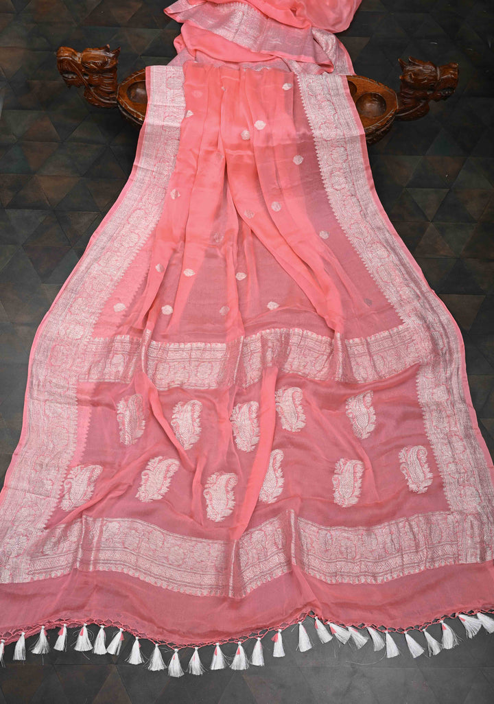 Salmon Pure Chiffon Silk Saree with Silver tone Zari Buttas and Border | SILK MARK CERTIFIED