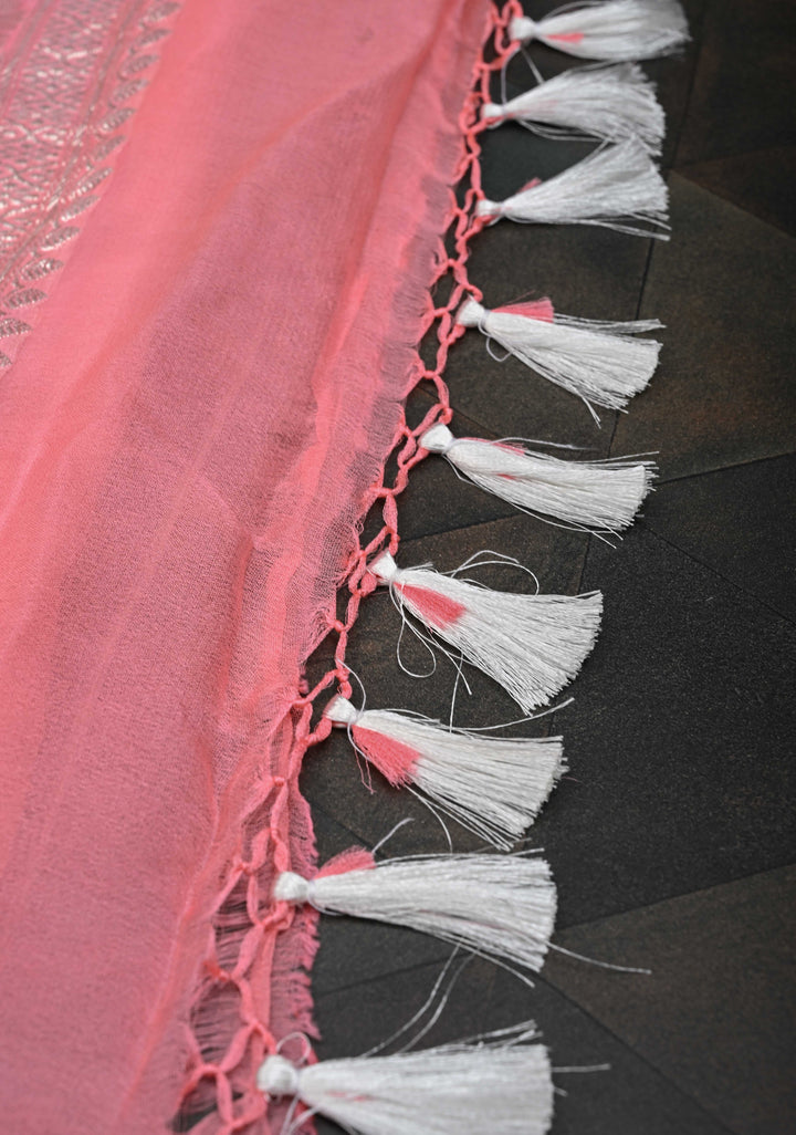 Salmon Pure Chiffon Silk Saree with Silver tone Zari Buttas and Border | SILK MARK CERTIFIED