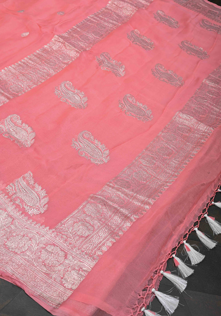 Salmon Pure Chiffon Silk Saree with Silver tone Zari Buttas and Border | SILK MARK CERTIFIED