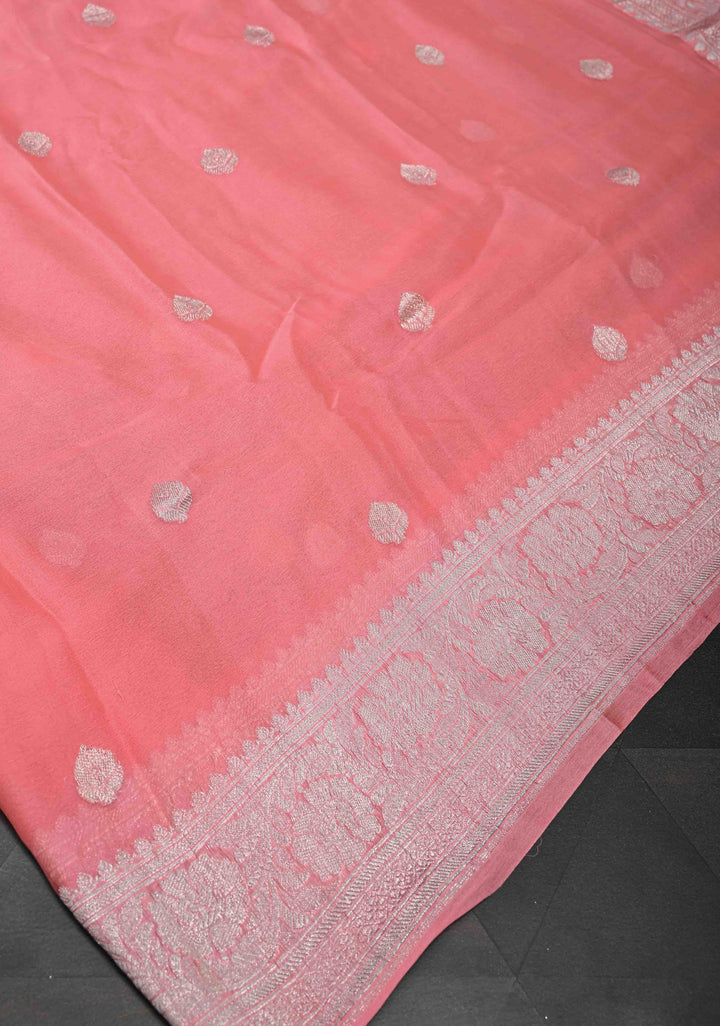 Salmon Pure Chiffon Silk Saree with Silver tone Zari Buttas and Border | SILK MARK CERTIFIED