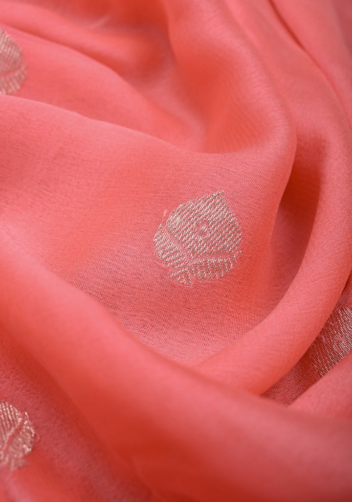 Salmon Pure Chiffon Silk Saree with Silver tone Zari Buttas and Border | SILK MARK CERTIFIED