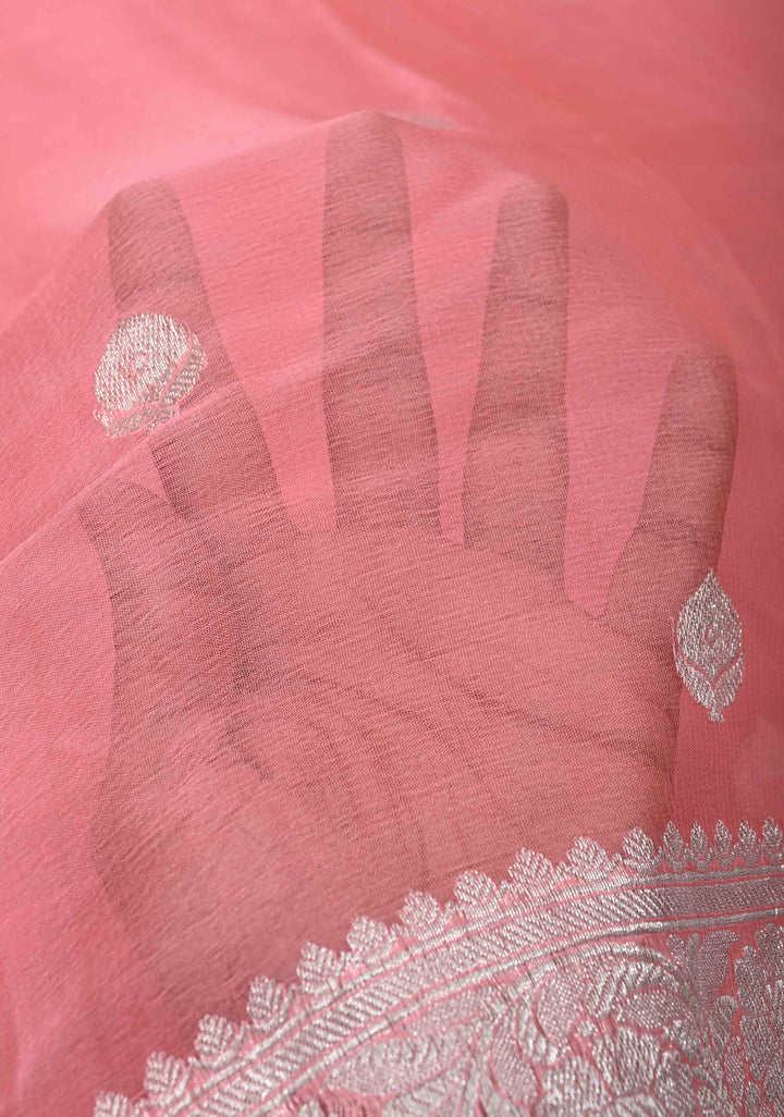 Salmon Pure Chiffon Silk Saree with Silver tone Zari Buttas and Border | SILK MARK CERTIFIED