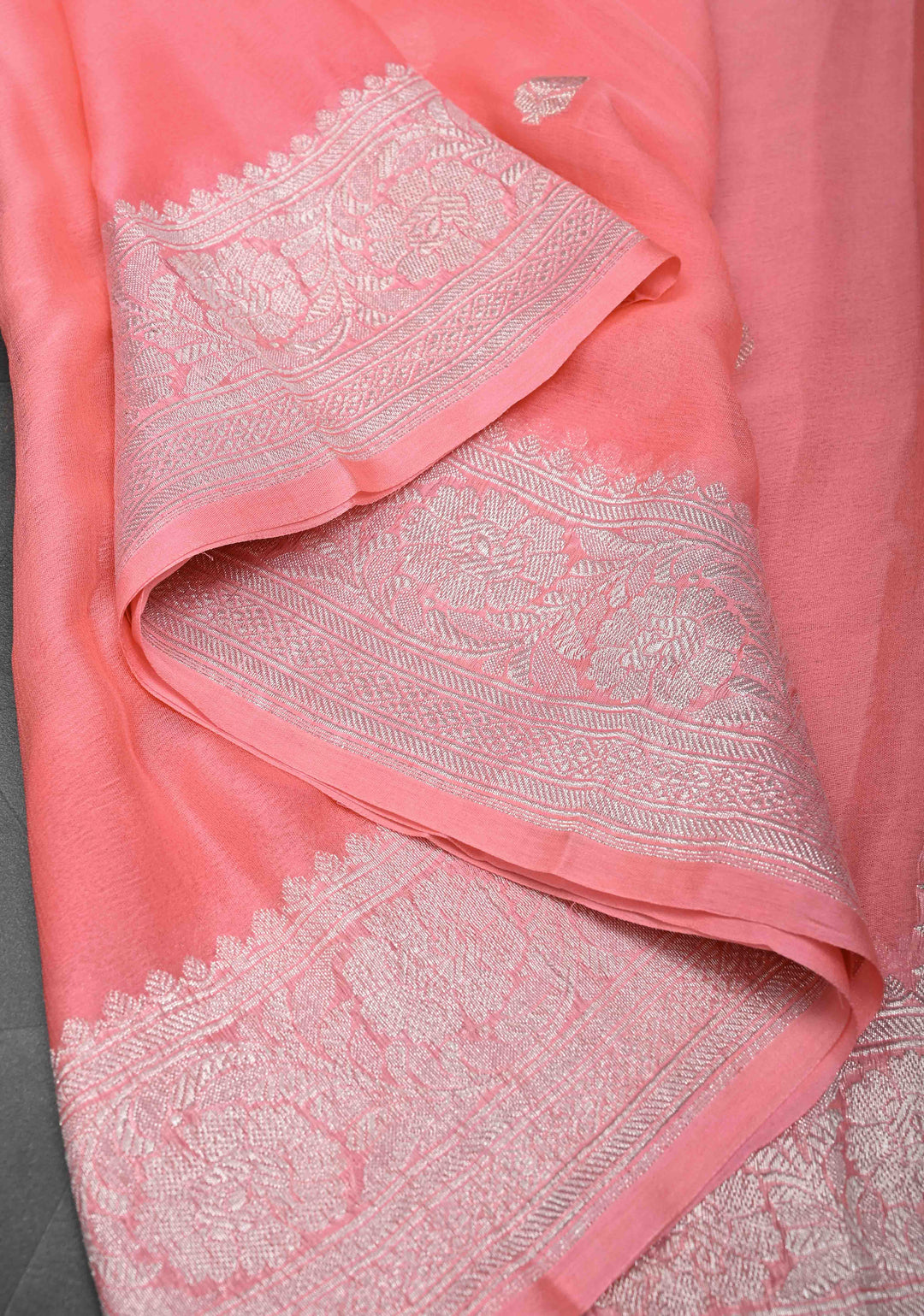 Salmon Pure Chiffon Silk Saree with Silver tone Zari Buttas and Border | SILK MARK CERTIFIED